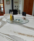 30 Inch Heavy Duty Lazy Susan Turntable with Extra Thick 1/3 Inch Tempered Glass Anti Tip Silent Rotation Design on dining table