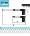30 Inch Stroke Electric Linear Actuator, 100 lbs Force, IP66 Water Resistance - High Load Linear Actuator for Automation, Manufacturing, Automotive with dimensions chart