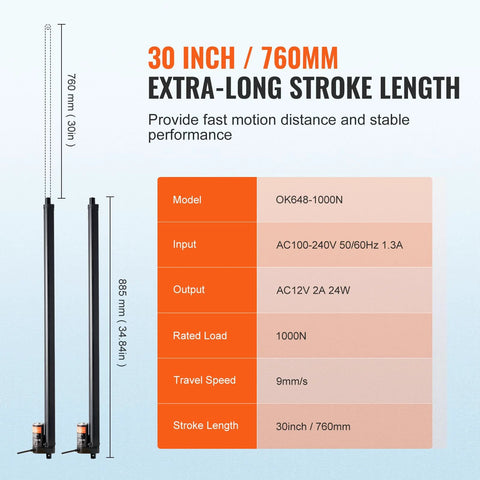 Two Pack 30 Inch Linear Actuator Kit With Wireless Remote For TV Tables And Sofas Lifts High Speed 0.35 Inches Per Second details chart.