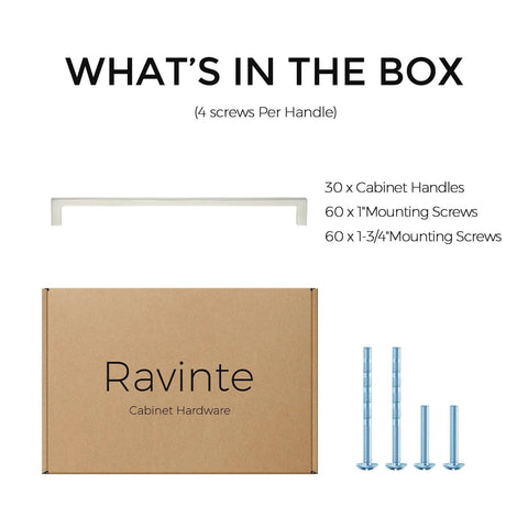 What's in the box for 30 Pack 10 Inch Solid Square Cabinet Pulls In Brushed Nickel with screws and packaging.