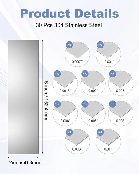 Pro Grade 30 Piece Shim Stock Set In 304 Stainless Steel, 2 Inch By 6 Inch Shims For Leveling, Multi Thickness Ranging 0.0007 to 0.01 Inch