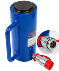 30 Ton Hydraulic Cylinder Ram Single Acting 6 Inch Stroke, blue cylinder with connector detail view, lifting jack ram portable
