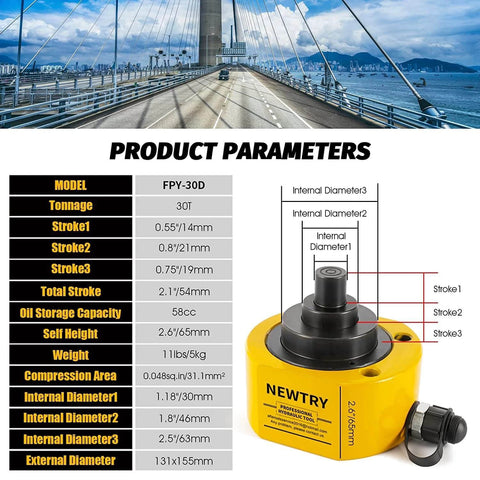 30 ton Low Profile Hydraulic Jack Porta Power Kit + CP-700 Manual Hydraulic Hand Pump Multi Section Jack, product parameters chart