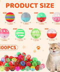 300 Pcs Cat Balls Bulk Plastic Lattice Balls Colorful Assorted Pack Kitten Ball with Bells, various sizes shown with cat