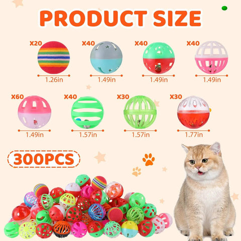 300 Pcs Cat Balls Bulk Plastic Lattice Balls Colorful Assorted Pack Kitten Ball with Bells, various sizes shown with cat