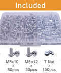 300 Pcs M5 T Nut and Screw Kit for 2020 Aluminum Extrusion Hardware including M5 x 8mm, M5 x 10mm, M5 x 12mm screws and wrench.