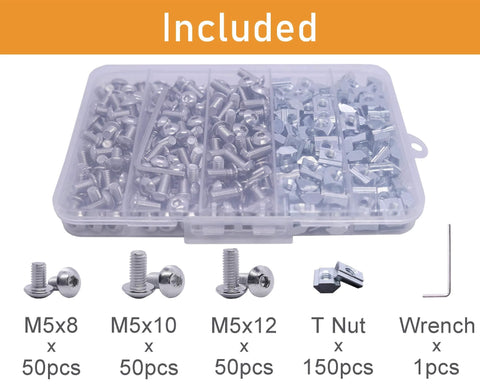 300 Pcs M5 T Nut and Screw Kit for 2020 Aluminum Extrusion Hardware including M5 x 8mm, M5 x 10mm, M5 x 12mm screws and wrench.