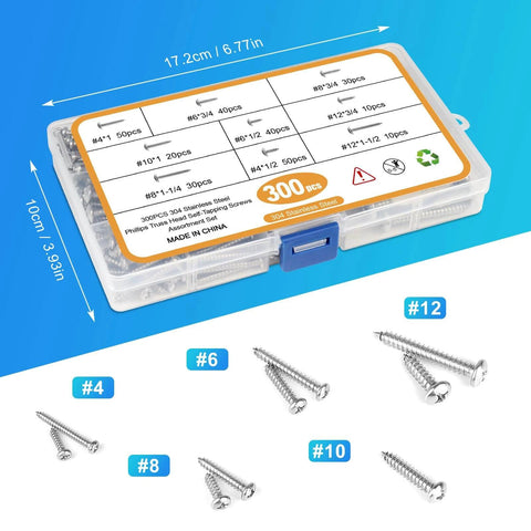 300 Pcs Stainless Steel Wood Screws Assortment Kit with 9 Sizes #4 #6 #8 #10 #12 Truss Head Self Tapping Screws displayed in case.