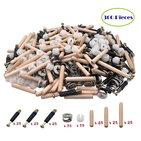Effortless furniture assembly with a 300-piece 3-in-1 connecting hardware set including cam locks, wood dowels and nuts