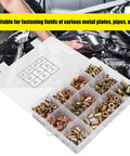 300 Piece Blind Rivet Nuts Set Color Plated Zinc Steel Galvanized Rustproof Nuts for Fastening Metal Plates and Pipes Ideal for Automotive Electromechanical and Light Industrial Projects and DIY Builds in an open case