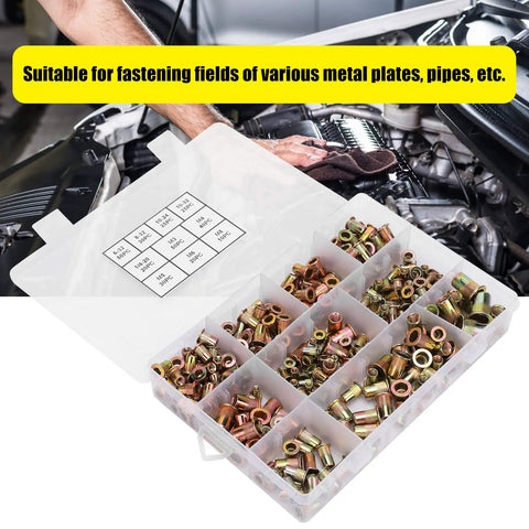 300 Piece Blind Rivet Nuts Set Color Plated Zinc Steel Galvanized Rustproof Nuts for Fastening Metal Plates and Pipes Ideal for Automotive Electromechanical and Light Industrial Projects and DIY Builds in an open case