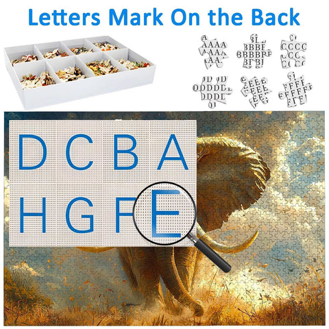 Diagram showing letters on the back of 3000 Piece Elephant Jigsaw Puzzle For Adults With Storage Box And HD Poster, Wooden Puzzle