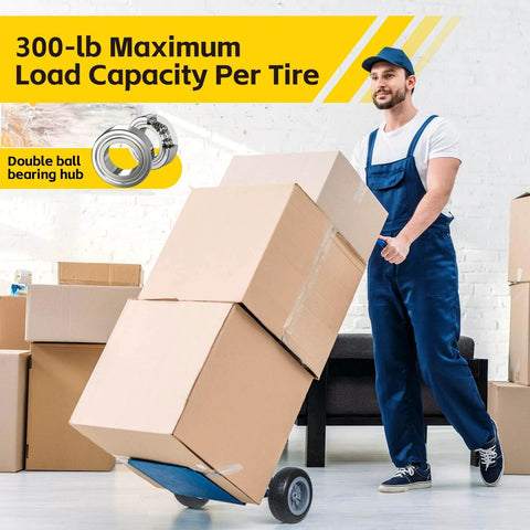 300-lb load capacity hand truck with 12 Inch Solid Flat Free PU Tire, 5/8 Inch Axle Bore, 4 Inch Wide, 3 Inch Offset Hub, heavy duty