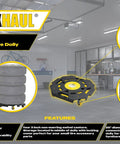 Garage setting with Maxxhaul 300 lb Capacity Tire Dolly showing tire stack, dolly features, and dimensions for smooth transport
