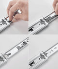 Full Extension Ball Bearing Drawer Runners 300 Mm With Automatic Soft Closing Mechanism, showing assembly details.