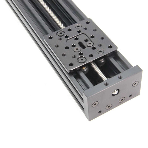 Close-up of 300mm 4080U Z axis screw slide table linear actuator kit, showing metal construction and screw mechanism