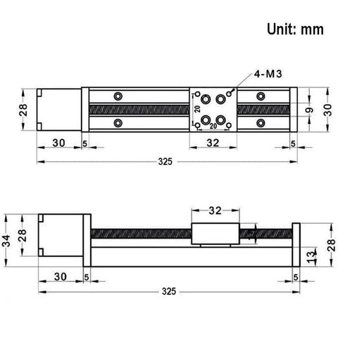Technical drawing of ✝️ 300mm effective travel length mini linear rail guide lead screw t6x1 with nema11 stepper motor for diy cnc