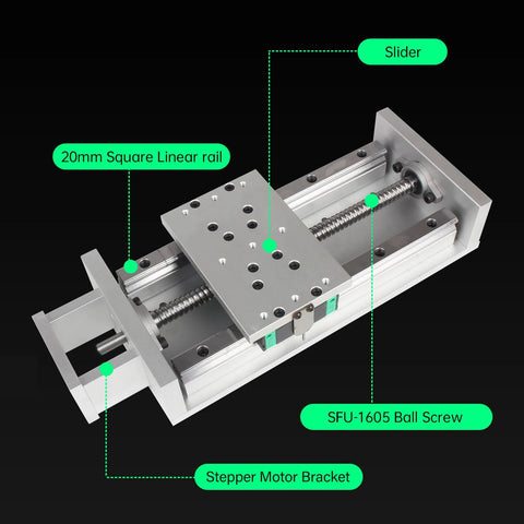 300mm/11.81" Stroke CNC Linear Stage Motion Actuator X/Y/Z Axis Cross Sliding Table Double Linear Slide Rail Guide 1605 Ballscrew with Limit Switch+Motor Mount Bracket for CNC Router, close-up view showing parts labeled Slider, 20mm Square Linear Rail, SFU-1605 Ball Screw, Stepper Motor Bracket, demonstrating its design and components for CNC machining.