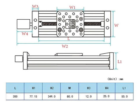 Technical diagram of 300mm 4080U Z axis screw slide table linear actuator kit, showing measurements for 3D printers and DIY CNC routers.