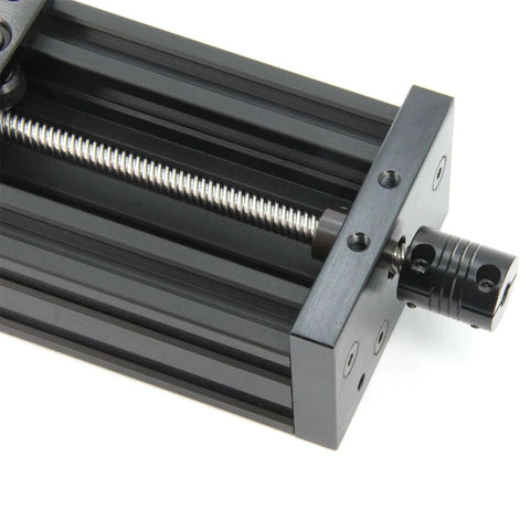 Close-up of 300mm 4080U Z axis screw slide table linear actuator kit showing metal construction and screw mechanism for precision movement.