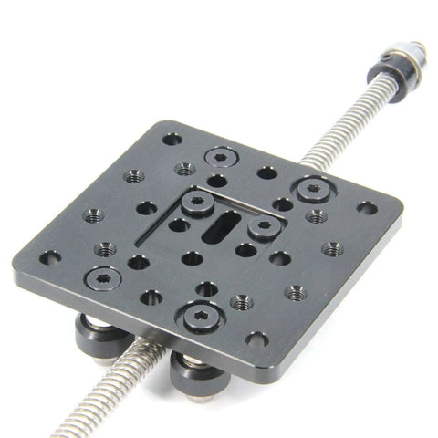 Close-up of 300mm 4080U Z axis screw slide table linear actuator kit component, metal plate with threaded holes, designed for 3D printers.