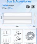 Image showing Seriously Bright 480V 300W LED Linear High Bay Light With 0 To 10V Dimming For Warehouse 45,000 Lumens 5000K Daylight, 1.89 feet length with accessories including screws, clips, and chain.