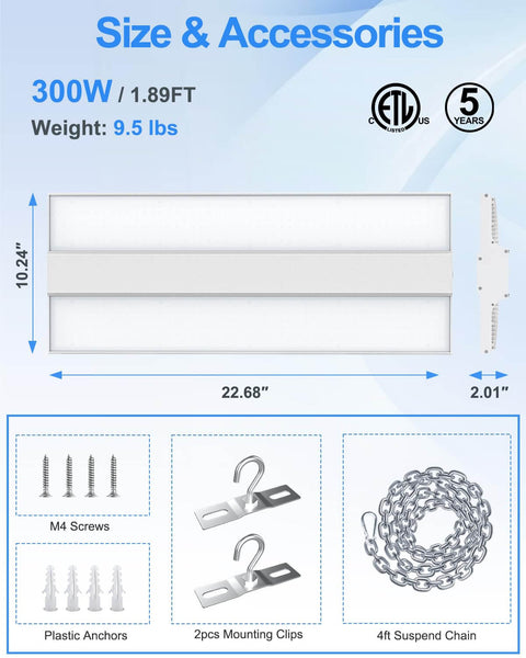 Image showing Seriously Bright 480V 300W LED Linear High Bay Light With 0 To 10V Dimming For Warehouse 45,000 Lumens 5000K Daylight, 1.89 feet length with accessories including screws, clips, and chain.