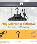 Ultra Bright 300W UFO LED High Bay Light Four Pack Workhorse With 45,000 Lumens hanging installation with cable and hook