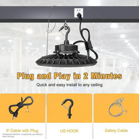 Ultra Bright 300W UFO LED High Bay Light Four Pack Workhorse With 45,000 Lumens hanging installation with cable and hook
