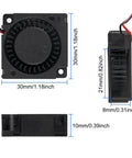 6 Pack 3010 30x30x10mm Brushless DC Cooling Fans With Sleeve Bearings, front, side, and close-up views showing dimensions.