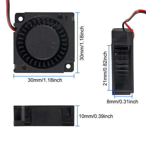 6 Pack 3010 30x30x10mm Brushless DC Cooling Fans With Sleeve Bearings, front, side, and close-up views showing dimensions.