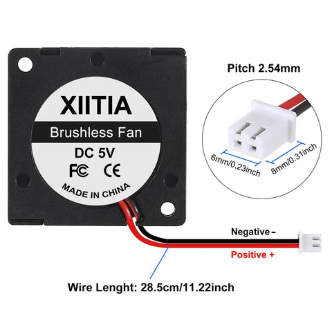 6 Pack 3010 30x30x10mm Brushless DC Cooling Fans with wiring details for 3D printer, Raspberry Pi, and computer case cooling.