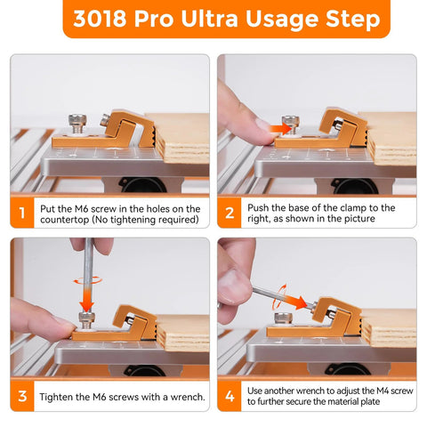 Steps to use Tiger Claw Aluminum CNC Clamp For 3018 Pro Max and 3018 Pro Ultra Routers with low profile side clamps and T-slot.
