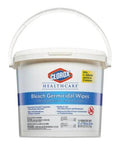 Front view of Clorox Healthcare Bleach Germicidal Wipes tub, white bucket with handle