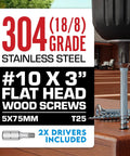 #10 x 3 Inch Stainless Steel Deck Screws 304 Grade, 350 Pack with Flat Head T25 Star Torx Drive by Eagle Claw Fasteners - Corrosion & Rust Resistant, Includes Driver Bit