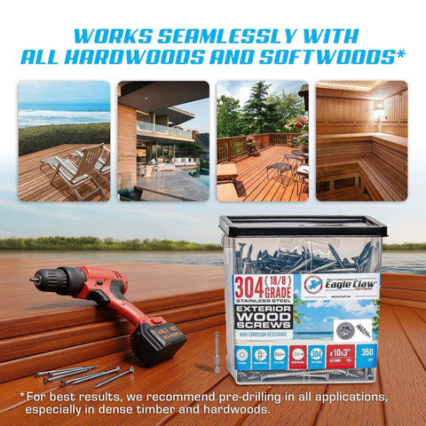 #10 x 3 Inch Stainless Steel Deck Screws 304 Grade, 350 Pack with Flat Head T25 Star Torx Drive by Eagle Claw Fasteners - Corrosion & Rust Resistant, Includes Driver Bit.