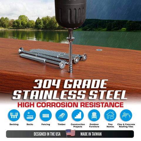 #10 x 3 Inch Stainless Steel Deck Screws 304 Grade, 350 Pack with Flat Head T25 Star Torx Drive by Eagle Claw Fasteners - Corrosion & Rust Resistant, Includes Driver Bit