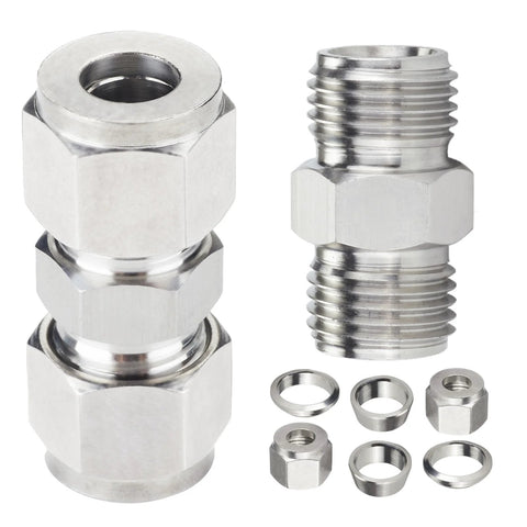304 Stainless Steel Compression Tube Fitting Union With Double Ferrule For Easy Connection 6mm Tube OD To 6mm Tube OD Two Pieces