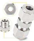Metric 304 Stainless Steel Compression Union Tube Fitting 12mm Tubing OD Two Piece Pack, showing connection details
