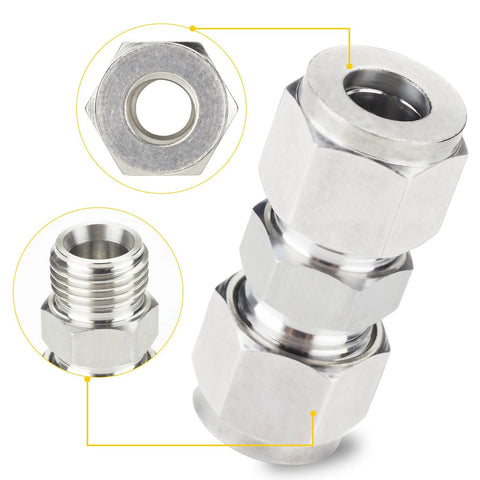 Metric 304 Stainless Steel Compression Union Tube Fitting 12mm Tubing OD Two Piece Pack, showing connection details