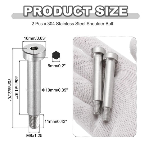 Diagram showing 2 Pack 304 Stainless Steel Shoulder Bolts With Hex Socket For Heavy Duty Machines, 10mm shoulder, 50mm length, M8 X 1.25 thread