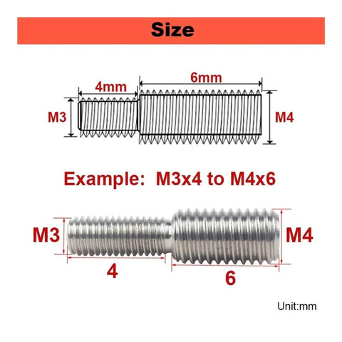Diagram and photo of 304 Stainless Steel Double Head Male to Male Thread Adapter M3 to M20 with measurements.