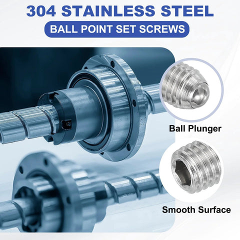 Ball Point Set Screws M4x6mm 304 Stainless Steel shown in industrial machinery application with close-ups.