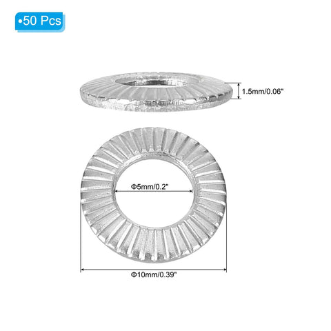 304 Stainless Steel Belleville Washer M5x10mm Conical Knurled Pack Of 50, top and side view showing dimensions