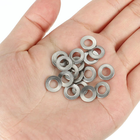Hand holding 304 Stainless Steel Belleville Washer M5x10mm Conical Knurled Pack Of 50, showcasing durability and size.