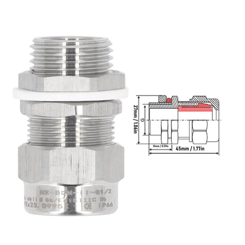 Heavy Duty 304 Stainless Steel Cable Gland G1/2 IP66 Waterproof Armored Connector With Extended Thread IP68 Strain Relief