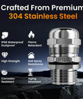 Two Pack One Half Inch NPT 304 Stainless Steel Cable Gland Waterproof IP68 Metal Strain Relief Cord Grip Long Thread Pass Through Wire Connector Built Tough For Rough Environments Jobsite Ready