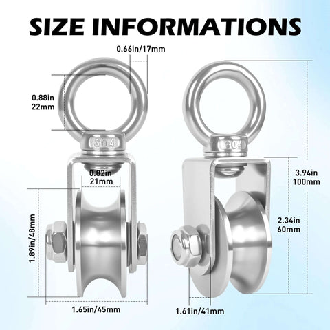 304 Stainless Steel Cable Pulley Wheel with Swivel Ball Bearings, U Groove 48mm, size diagram showing dimensions for pulley systems
