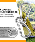 2 Inch Carabiner Clips Set 12 Pack 304 Stainless Steel With Spring Snap Hook Quick Link Clip shown near a tent in nature.