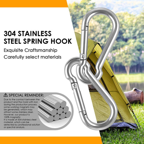 2 Inch Carabiner Clips Set 12 Pack 304 Stainless Steel With Spring Snap Hook Quick Link Clip shown near a tent in nature.